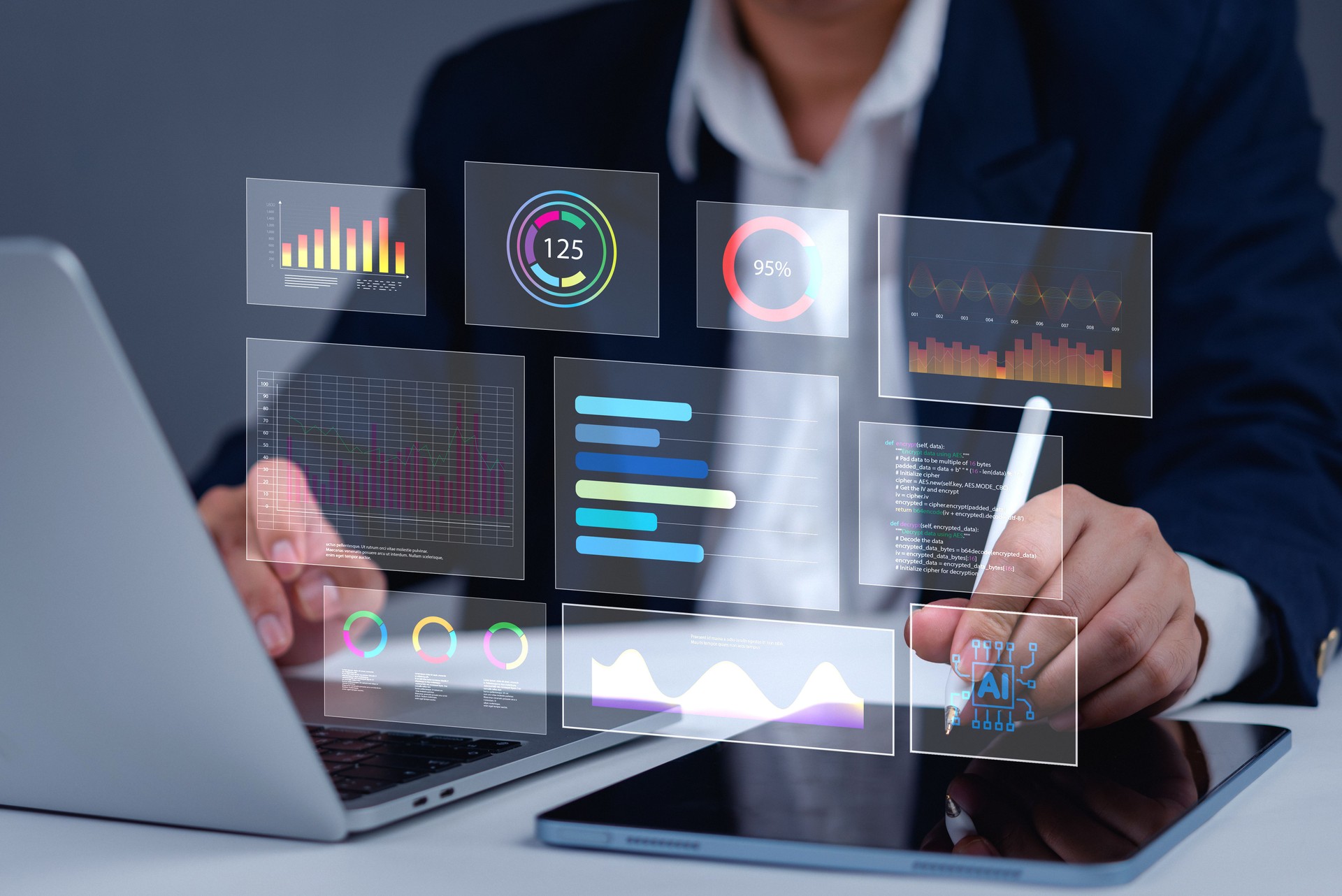 Visualisation du Big Data, informations basées sur l’IA, suivi des performances de l’entreprise, analyses en temps réel, tableau de bord numérique futuriste, prévisions financières, outils de prise de décision d’entreprise.
