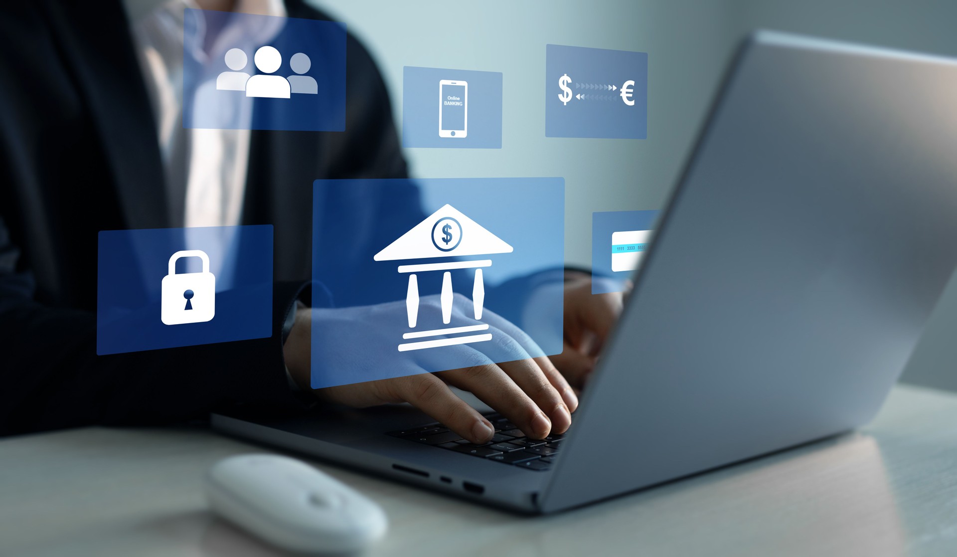 Réseautage financier et bancaire. Connexion réseau du client et cybersécurité. Technologie de banque en ligne. Technologie d’innovation numérique financière.